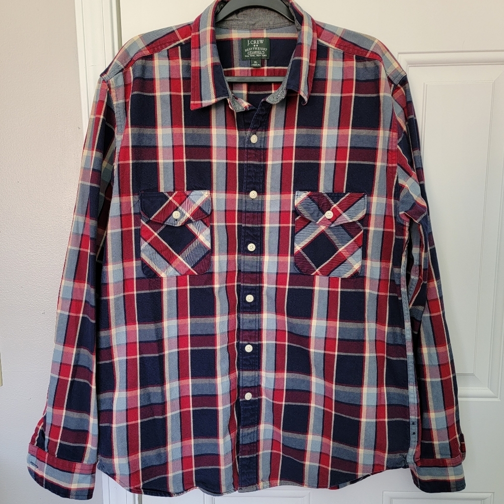 J Crew Heavyweight Flannel Red Blue Plaid Long Sleeve Button Down Outdoor XL